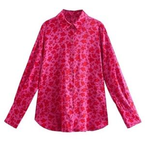COPY - Zara fuchsia and red floral satin effect button up long sleeve blouse - …